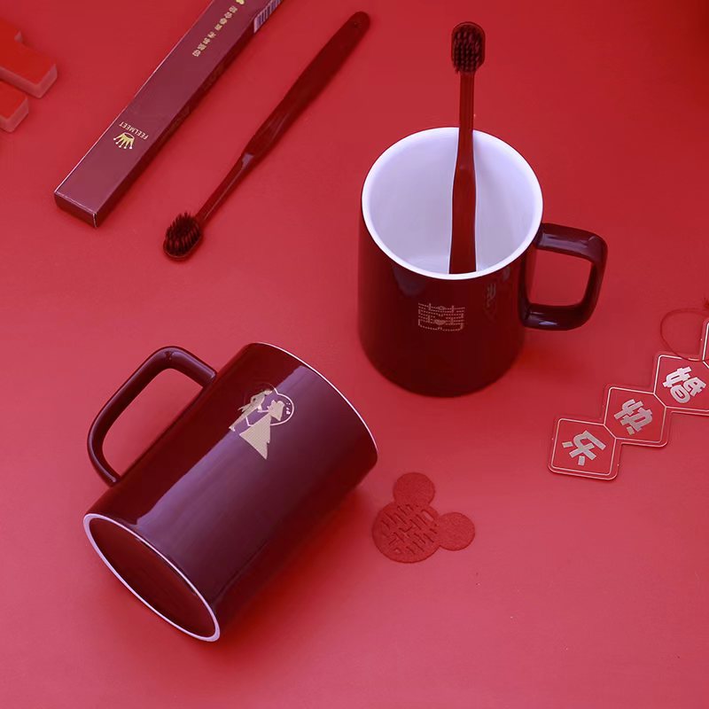 Taza de enjuague de boda, un par de tazas de cepillo de dientes de boda rojas, tazas de cepillo de dientes de boda, set de tazas de dientes de boda