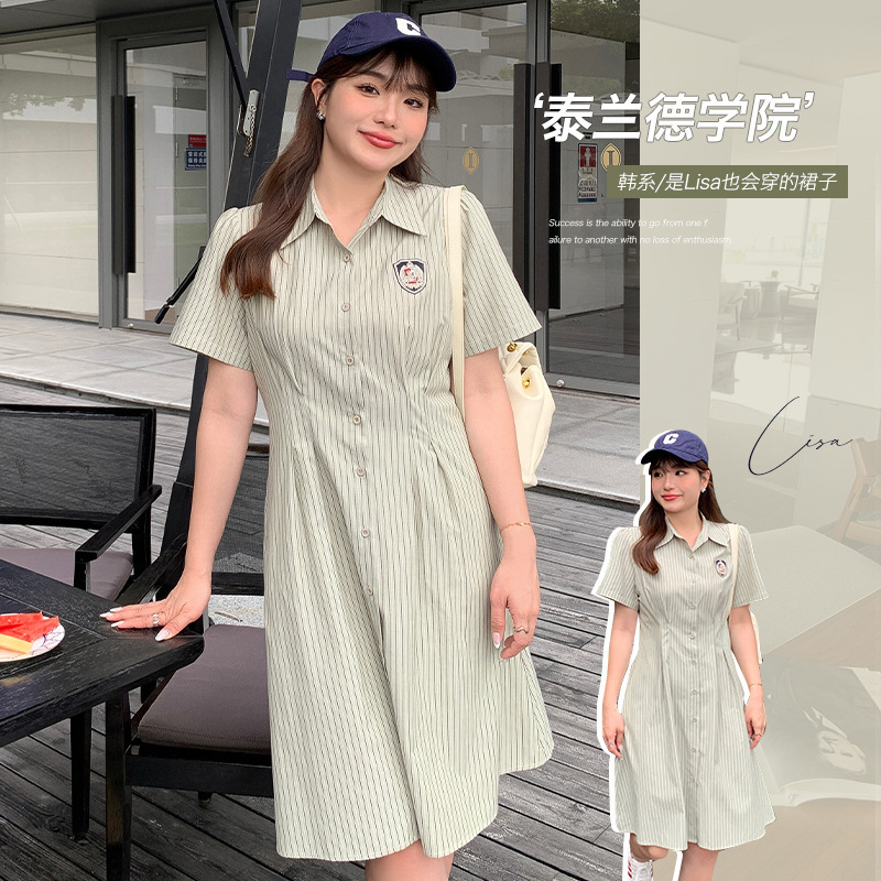 Sweet Salt Shirt Dress Summer Plus Size Women's Waist Slimming Look Preppy Style Badge Stripesd Skirt 62428 Sweet Salt Shirt Dress Summer Plus Size Women's Waist Slimming Look Preppy Style Badge Stripesd Skirt 62428