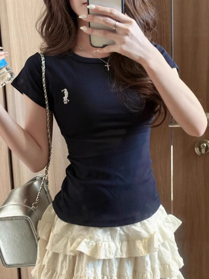 Slim Fit T-Shirt for Women Summer Short Sleeve Versatile Pure Color Sexy Top Instagram Style Hot Girl Fashion_ecoleips.com
