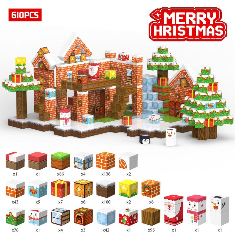 国境を越えた人気の Minecraft クリスマス磁気ブロック磁気ブロックビルディングブロックホリデーセット STEM 感覚おもちゃ|undefined