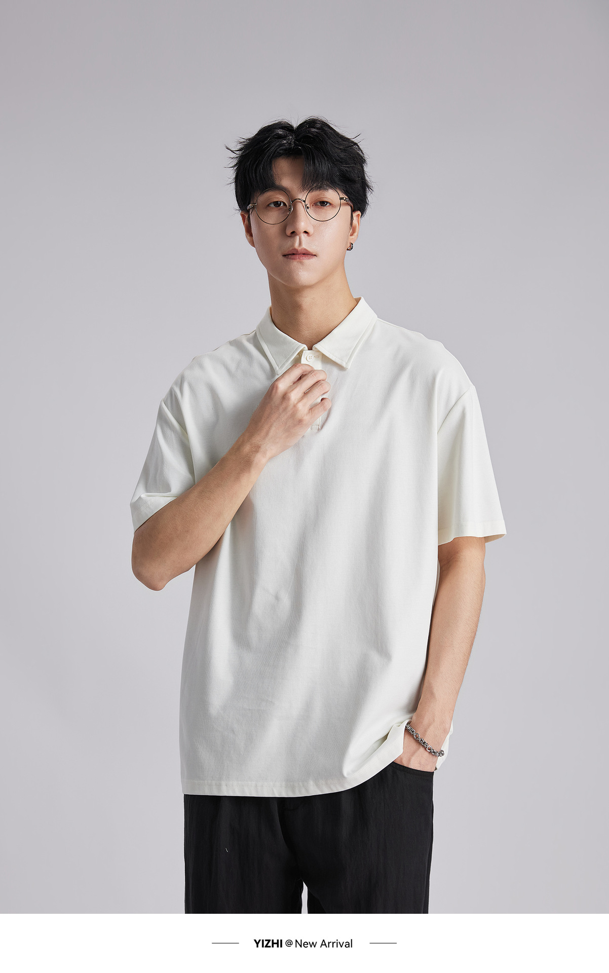 Áo polo nam cổ bẻ dáng rộng chất liệu cotton dày 220g, tay ngắn thoáng khí — đen chi tiết 10