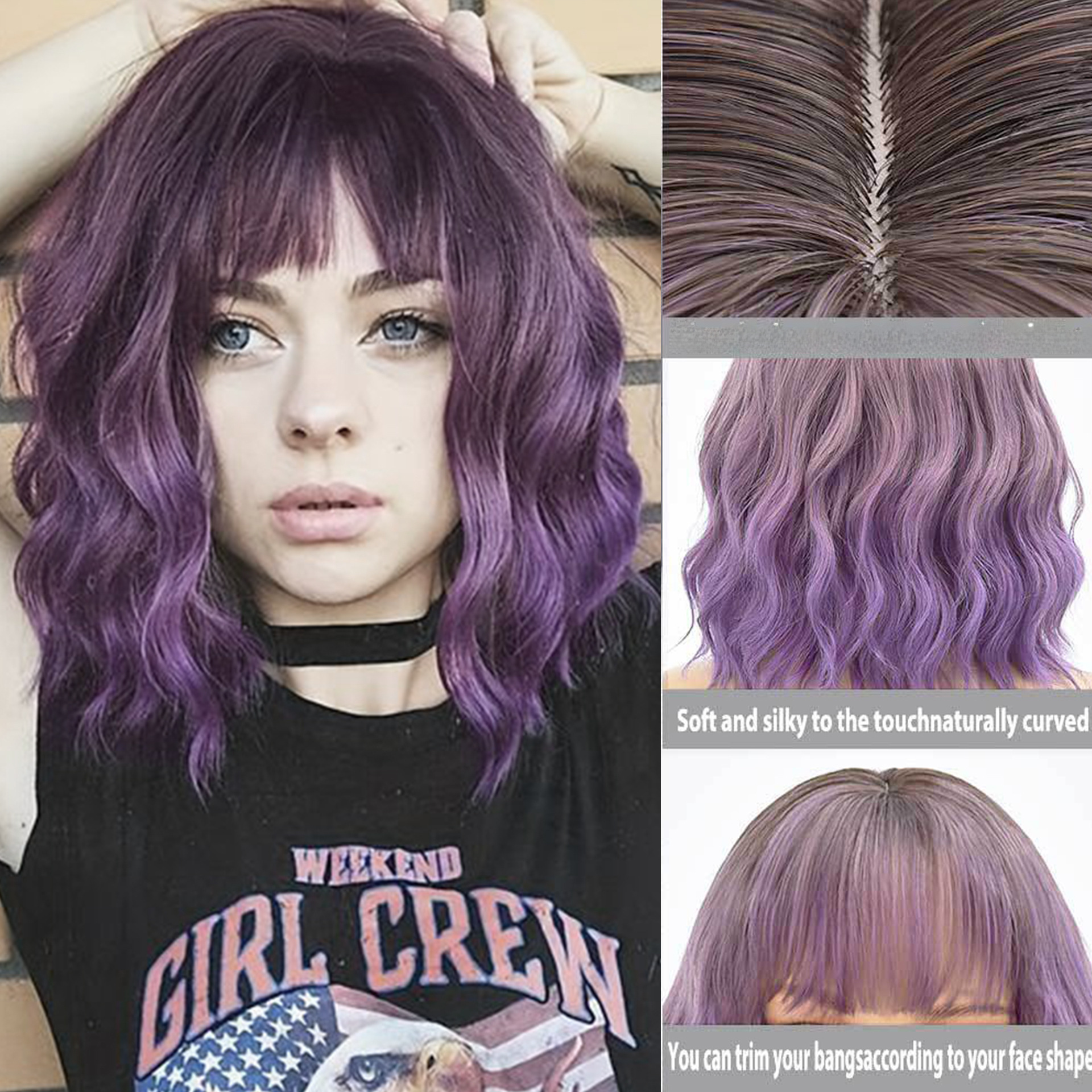 European and American cross-border bob wig Purple Gradient short curly hair fringe chemical fiber wig daily party cosplay_voghion.com