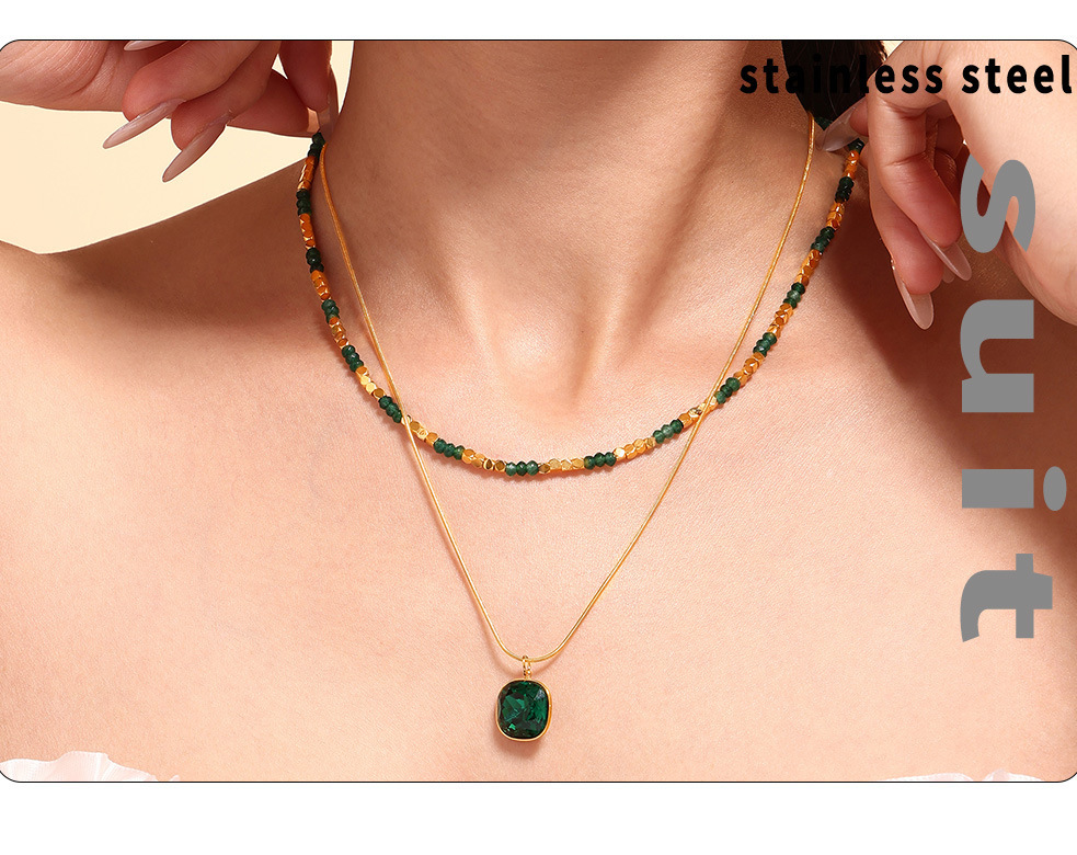 Natural Stone Crystal Pendant Necklace Double Layer Stainless Steel_voghion.com