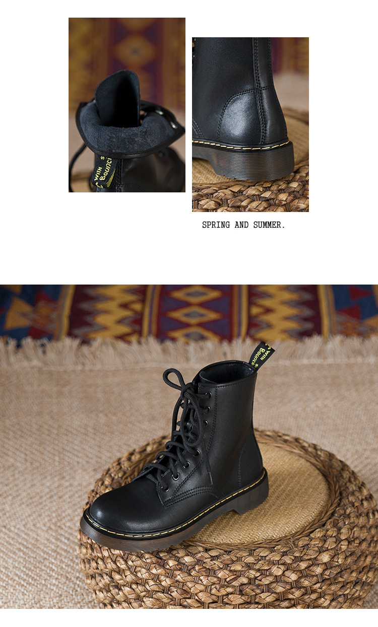 Bottes de moto courtes Martin noires en cuir véritable à lacets à huit et six trous de style britannique pour femmes_voghion.com