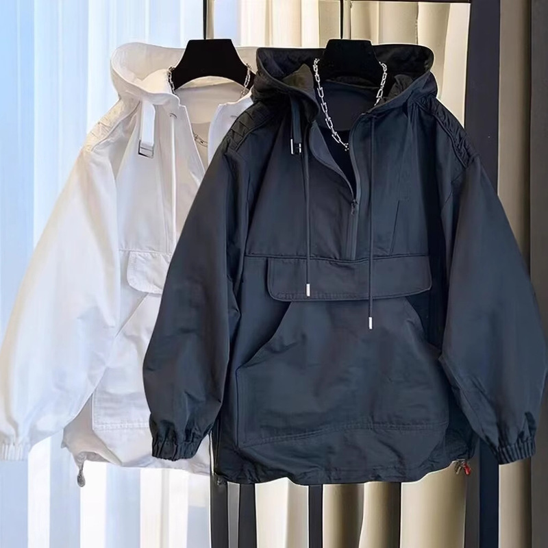 American Casual Loose Half-Zip Hooded Men's Workwear Jacket Early Autumn Fashion Versatile Jacket Windproof Ready Stock
