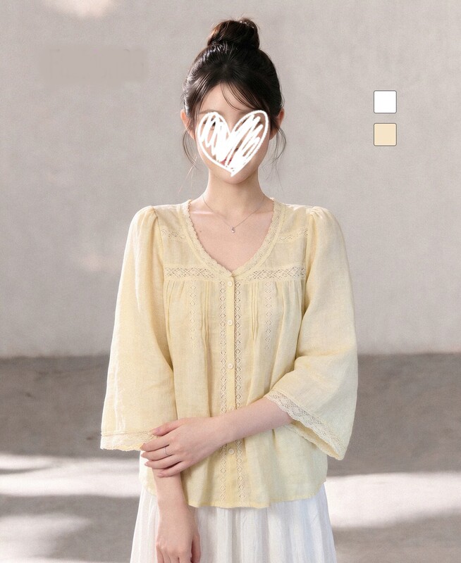 French-style 2026 summer new gentle and slimming lace water-sleeve doll shirt for women, loose and elegant blouse top French-style 2026 summer new gentle and slimming lace water-sleeve doll shirt for women, loose and elegant blouse top