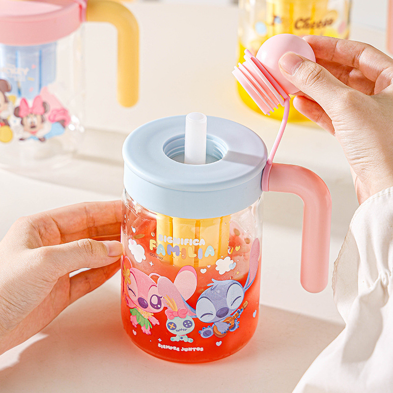 Nueva taza de agua de vidrio de Disney, alta resistencia a altas temperaturas, pajita de gran capacidad con tapa, taza de mango con fugas de té de alto valor