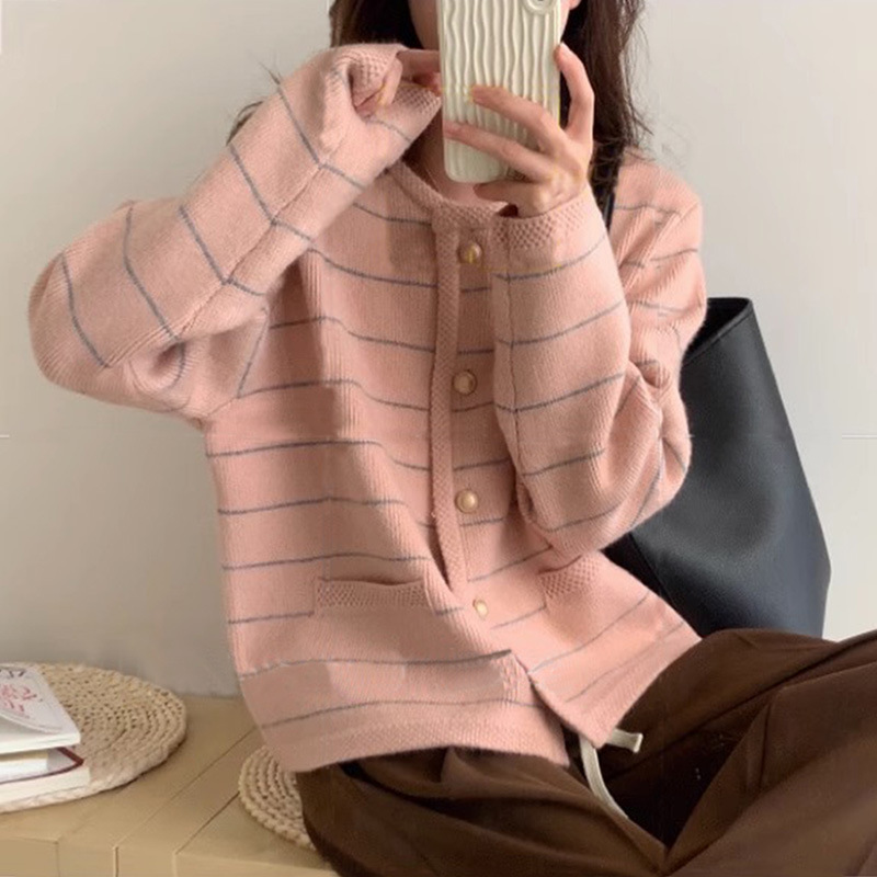 韩系条纹宽松慵懒风针织开衫2025秋冬女装简约百搭圆领毛衣外套女|undefined
