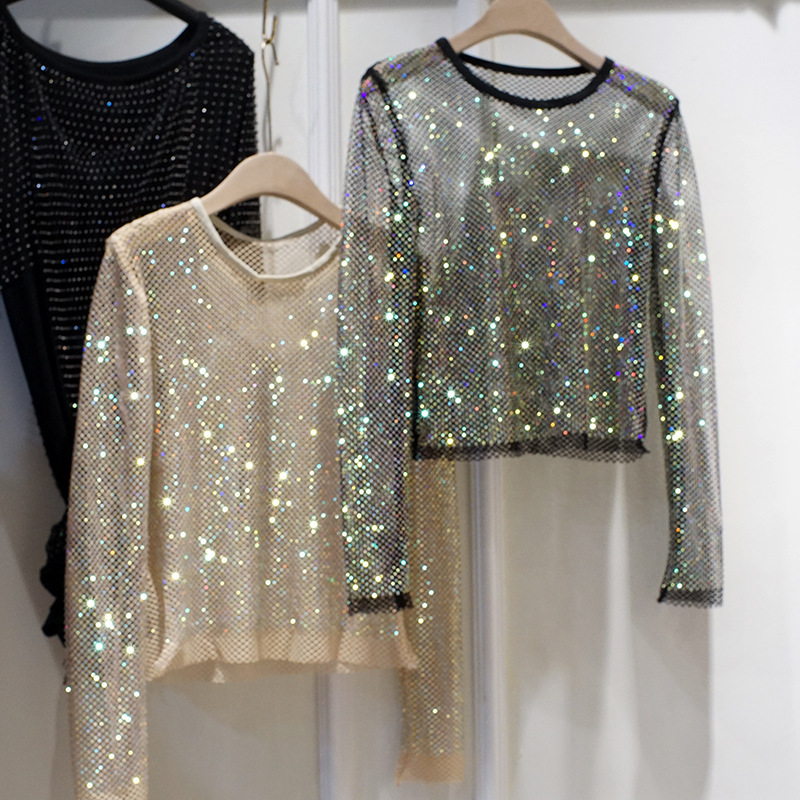 European and American Fashion Ab Colored Diamond Round Neck Pullover Rhinestone Embellished Base Shirt Party Time Bingbing Diamond Long-Sleeve Top
