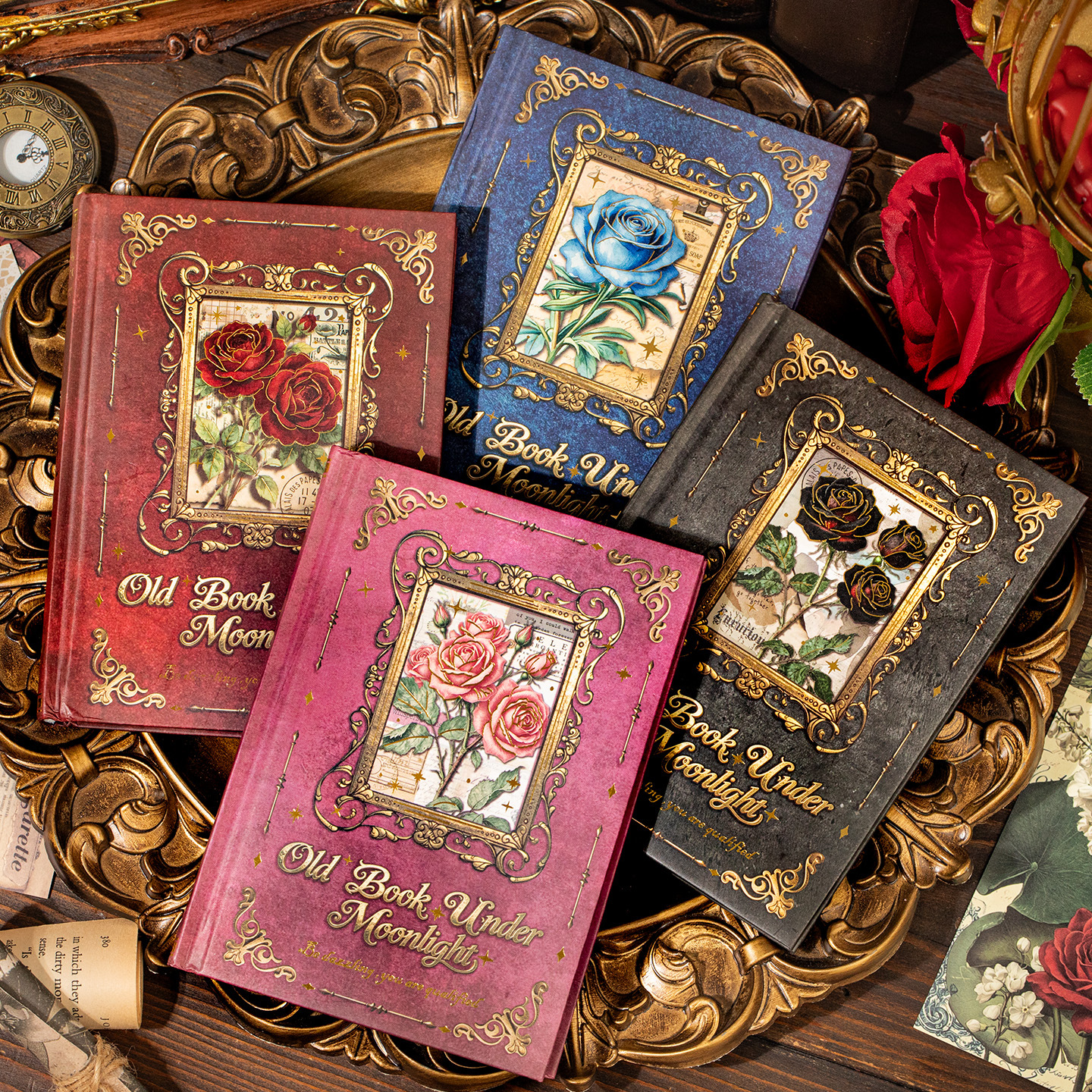 Decorative Writing Notebook with Gold Stamping, Vintage Rose Pattern Journal Material Base Paper Notebook