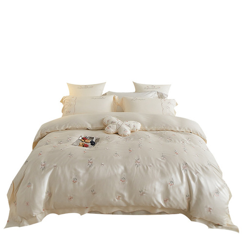 Princess Style Cherry Blossom Rain Embroidery 60 Tencel Four-piece Set for Summer Naked Sleeping Ice Silk Sheets and Quilt Covers Silky Bedding