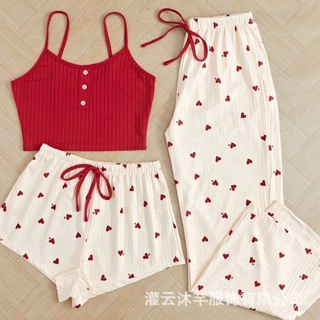 睡衣女夏爱心印花性感休闲吊带外穿家居服套装三件套女