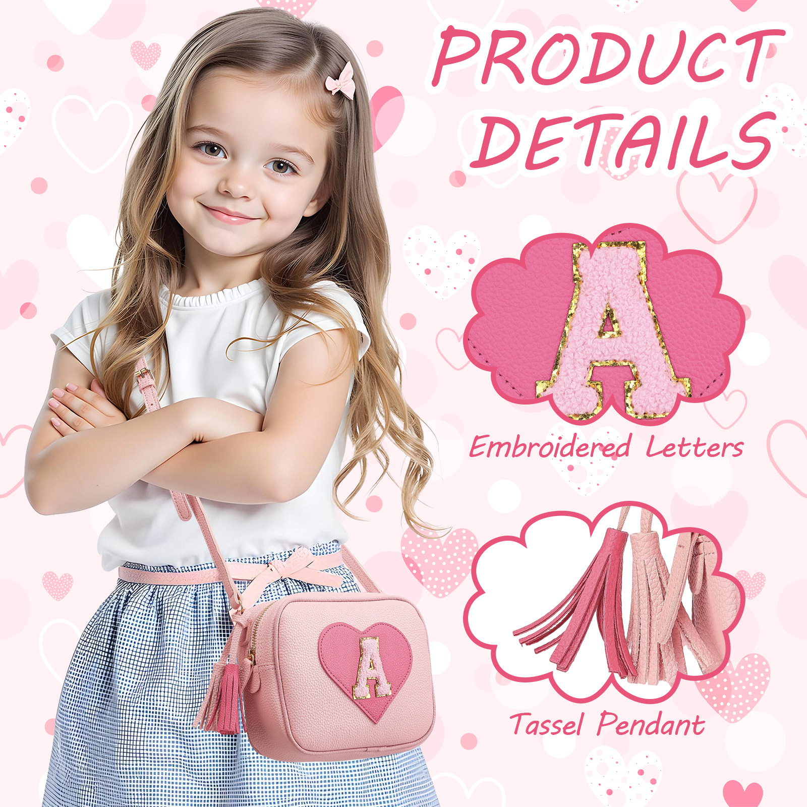 Cross-Border Hot-Selling Girls' Lettered Single-Shoulder Crossbody Bag with Colorful Hearts, Versatile and Fashionable Portable Crossbody Bag in Pure Pink