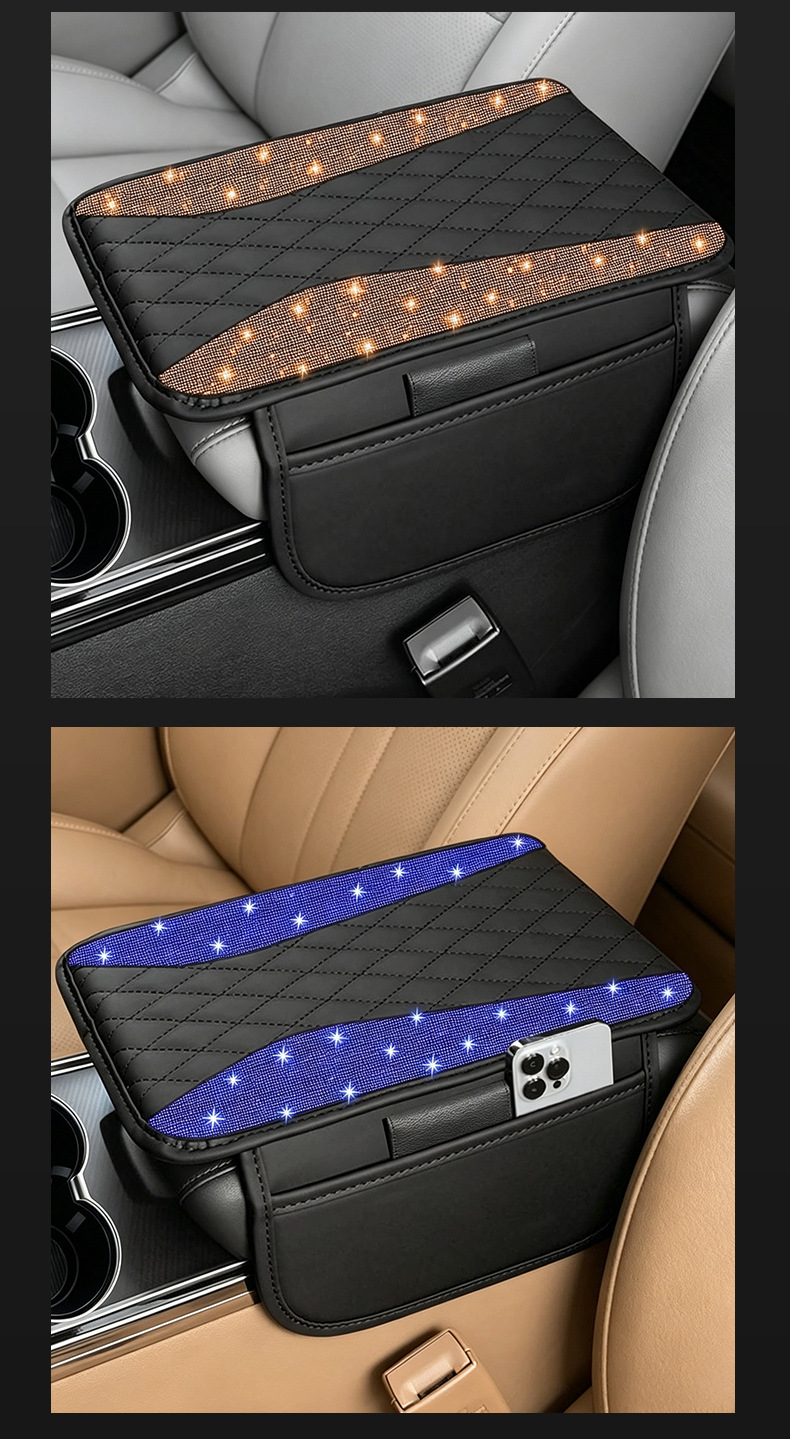 Car Armrest Box Mat, Crystal Diamond Center Console Cover, Leather Protective Mat, Armrest Pad, Side Storage Bag Protective Mat