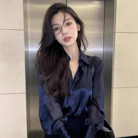 时尚轻熟风绝美蓝色Polo领长袖衬衫女春季款洋气百搭通勤宽松衬衣