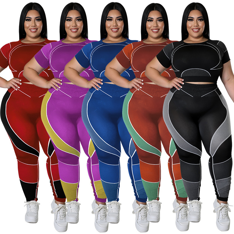 Plus Size Workout Sets For Women 3/4 Sleeve Crop Top And High Waist Yoga Pants, Color Block Sports Outfit, Sweet Style Athletic Wear_ecoleips.com