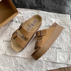 谷韻丨厚底勃肯鞋涼拖女2024春夏復古博肯涼鞋百搭真皮增高半拖鞋