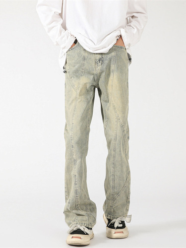 American-style street-washed distressed patchwork jeans for men, spring and autumn straight-leg loose European and American high-street vibe long pants