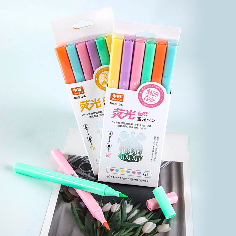 831-6 doble cabeza fruta sabor fluorescente pluma estudiante papelería regalo marca pluma mano libro dibujo cepillo regalo de los niños