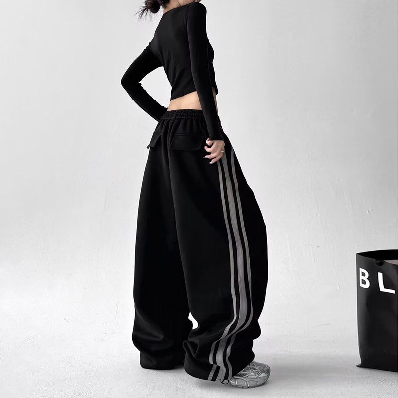 美式复古三条杠裤子女嘻哈街头爵士舞侧边条纹运动卫裤直筒休闲裤|undefined