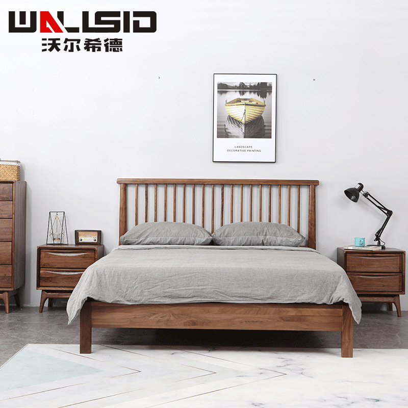 Factory Direct Selling Woodwax Blackh Peach Wood Double Bed 1.8m Nordic Double Bed North American Black Wallet solid wood bed