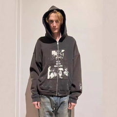 ERD GRJKD忧郁的富二代神与左轮洗水做旧拉链连帽卫衣帽衫男女潮