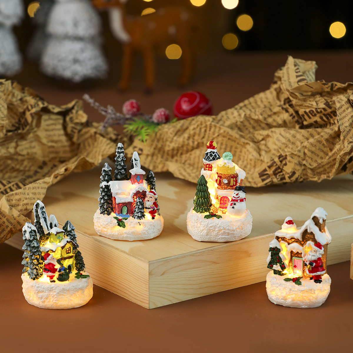 cross-border new arrival christmas luminous resin small house santa claus landscape gift decoration christmas decorations