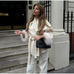 European and American Cross-border 2024 Autumn and Winter Women's Comfortable Casual Women's Fashion Lapel Belt Long Sleeve Warm Jacket Coat