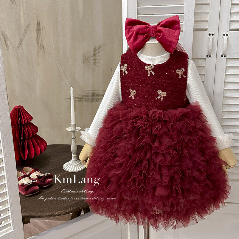 Girls Dress 2025 Winter Red Velvet Mesh Skirt Children's Princess Dress Children's Bow Dress