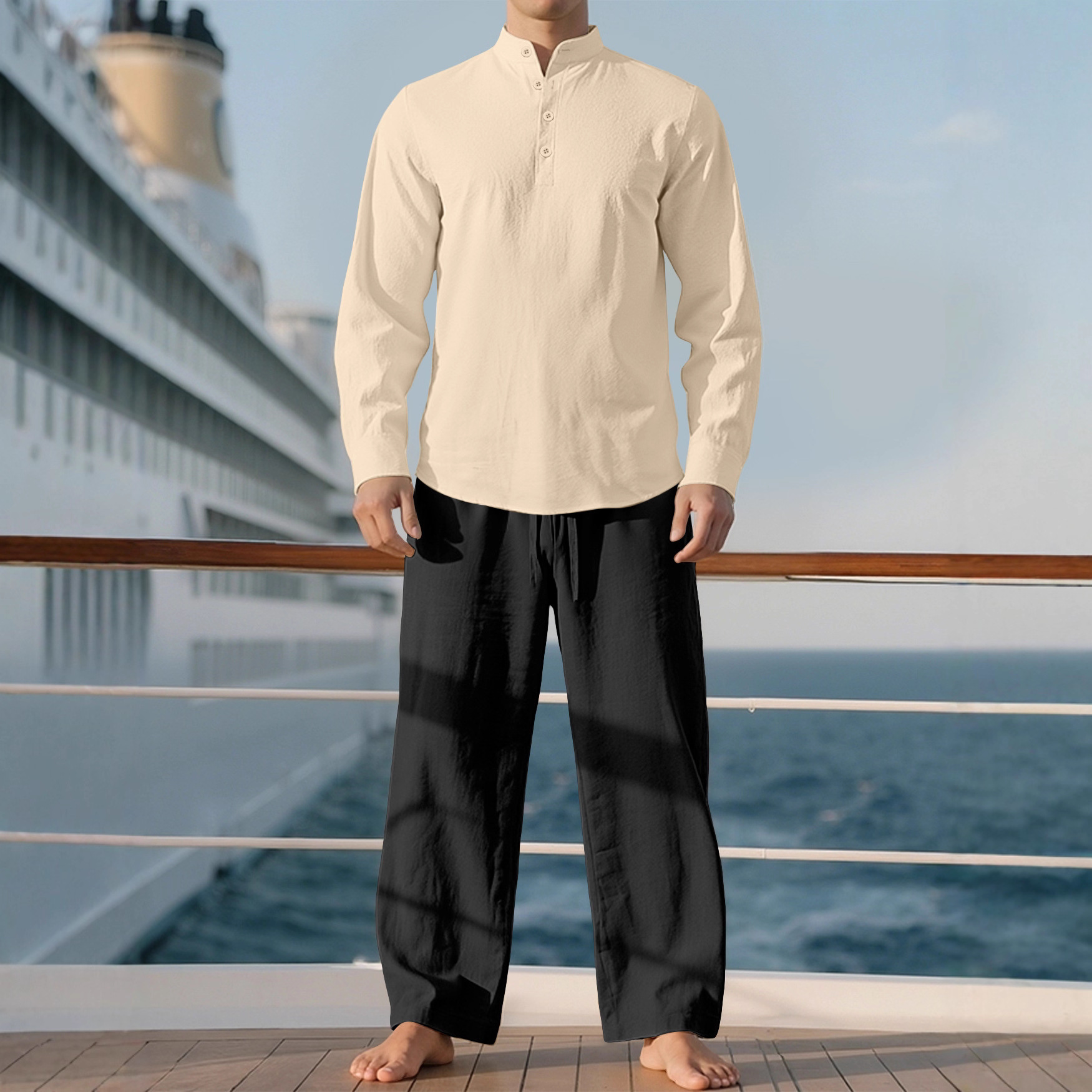 Nuevo transfronterizo Europa y América primavera y otoño delgada camisa de mangas largas deportiva de cuello vertical camisa de color sólido de algodón y lino para hombres