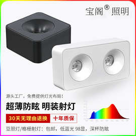 宝阁方形明装led射灯客厅家用天花灯免开孔双头斗胆灯COB防眩筒灯