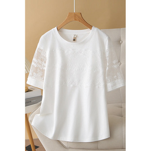 Plus Size Short-Sleeve Summer Design Lace Splicing Slimming Round Neck T-Shirt for Women, Loose Fit, Tummy-Covering Casual Top