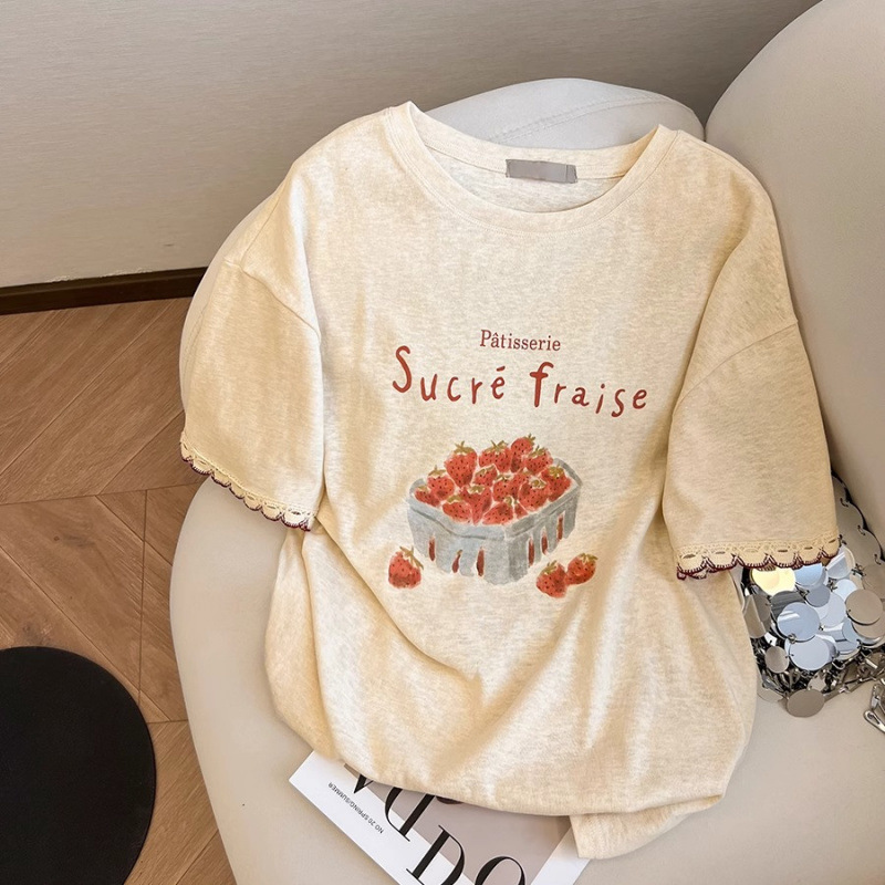 2025 New Summer Loose Round Neck Top for Women with Sweet Design Letter Print Contrasting Lace Short-Sleeved T-Shirt