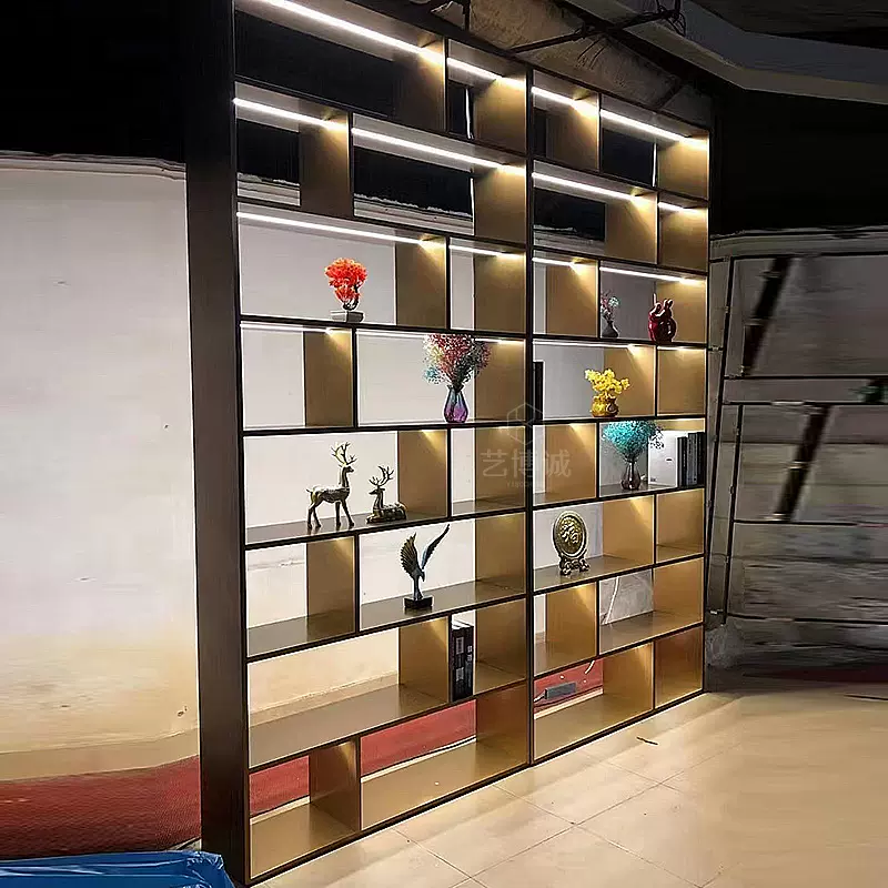 酒店会客厅金属博古架装饰柜镂空书架带灯高端酒柜不锈钢展示柜