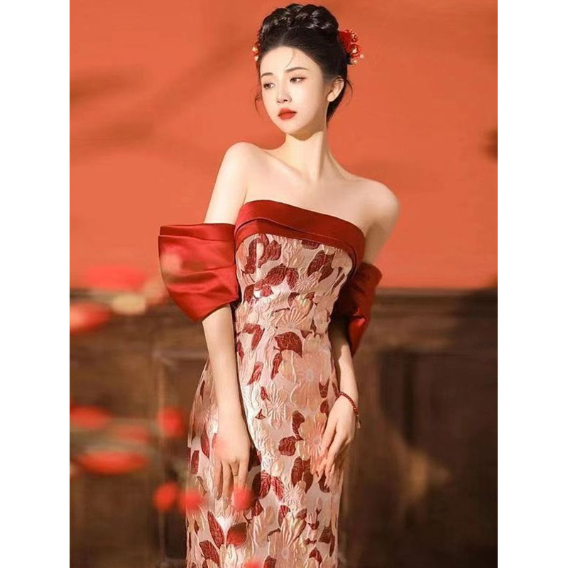 Tube top toast dress bride wedding engagement dress female dinner host long dress high-grade light luxury niche dress