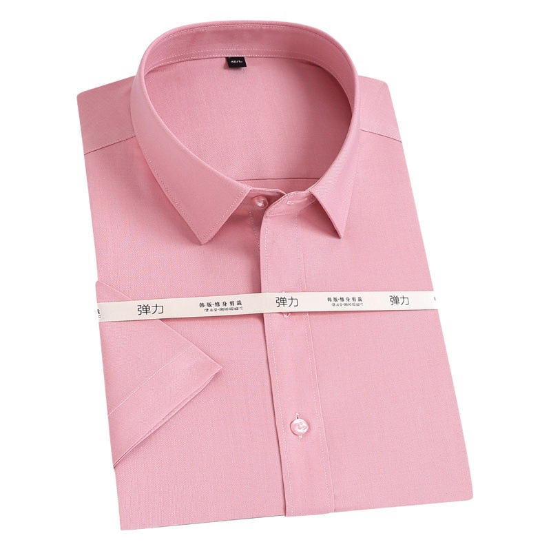 Camisa rosa de alta gama con fibra de aloe para hombre, manga corta, delgada, elástica, antiarrugas, transpirable, para negocios, a la moda.