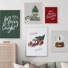 圣诞节主题周边装饰画祝语插画风圣诞树雪人卧室客厅背景墙帆布