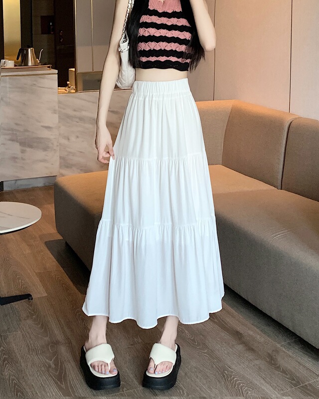 黑色伞裙半身裙女小个子夏季2025新款垂坠感中长裙高腰白色a字裙|undefined