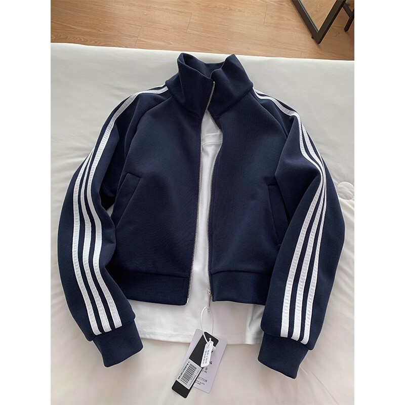 Navy Blue Three-Stripe Short Sweatshirt Jacket for Men and Women, Spring and Autumn Cleanfit Sports Baseball Jacket with Stand Collar