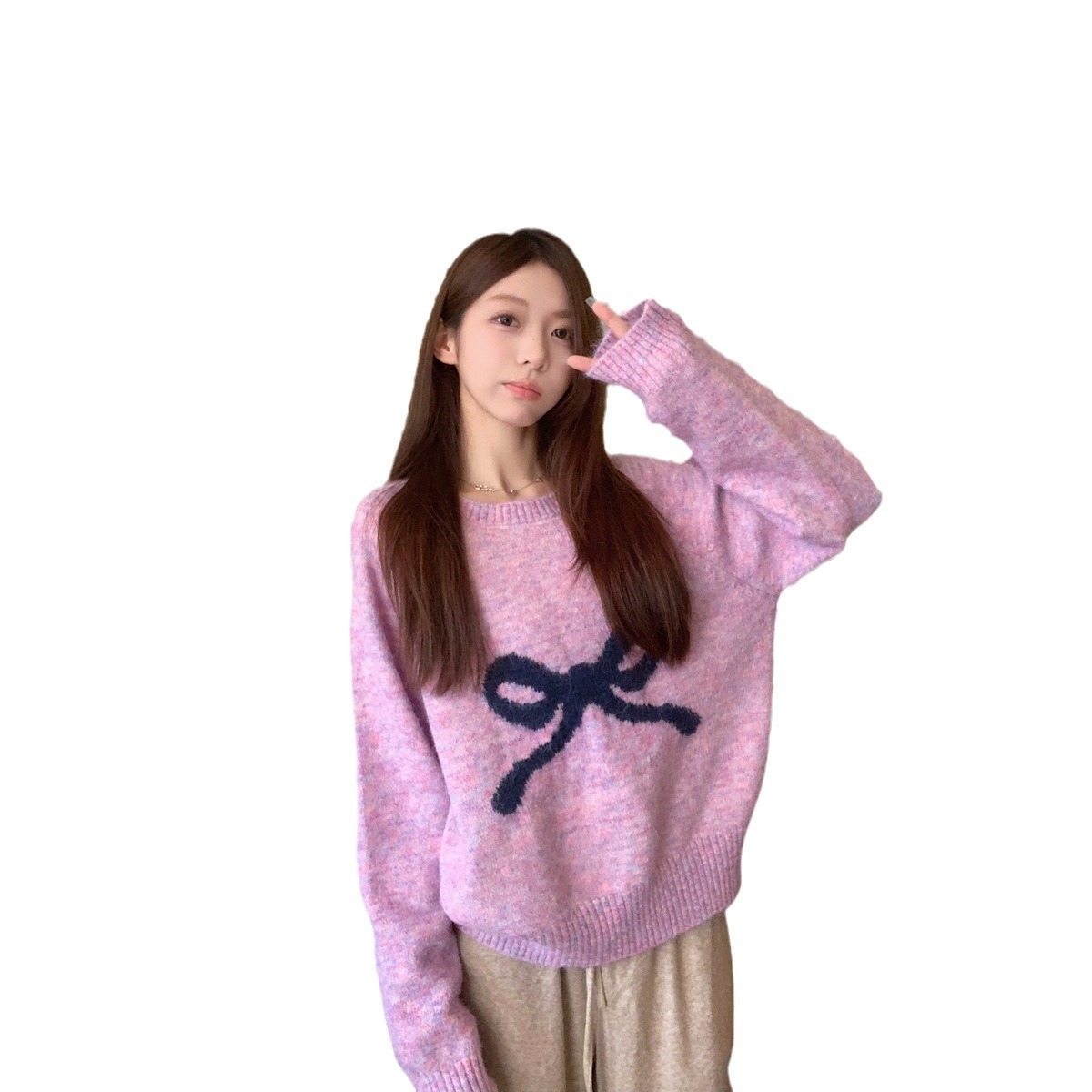 24 invierno Puyuan arco pequeño suéter gris para mujeres 2024 invierno outerwear suelto
