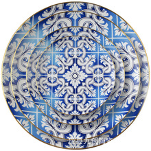 陶瓷餐具四件套 歐式藍青花金邊骨瓷餐盤 婚禮家用菜盤子碗牛奶杯