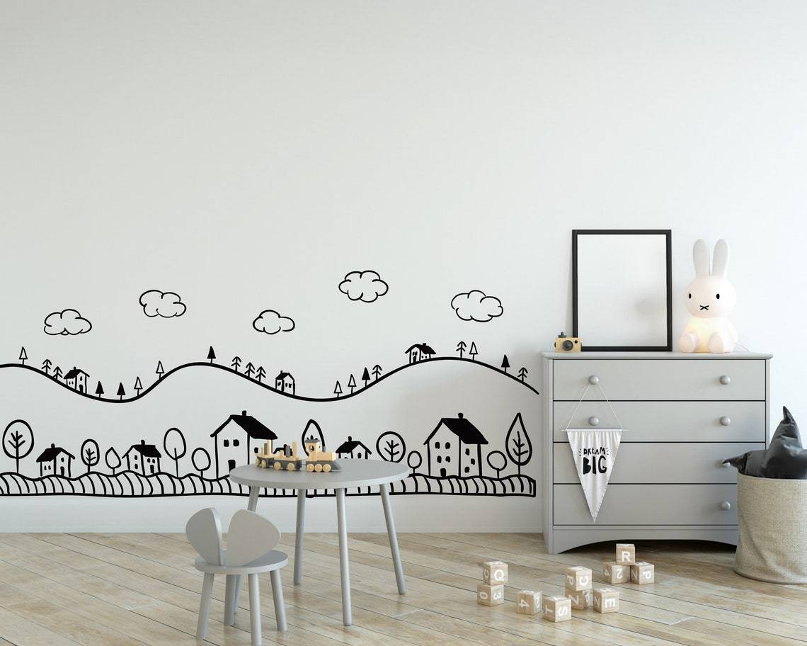 白云云朵clouds树木房子简笔画wall decor跨境亚马逊ebayDW13541