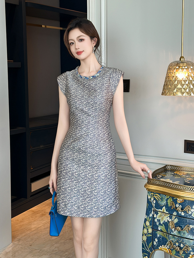 Váy liền thân nữ cổ tròn họa tiết jacquard, thiết kế eo ôm dáng không tay — Màu xám xanh lam