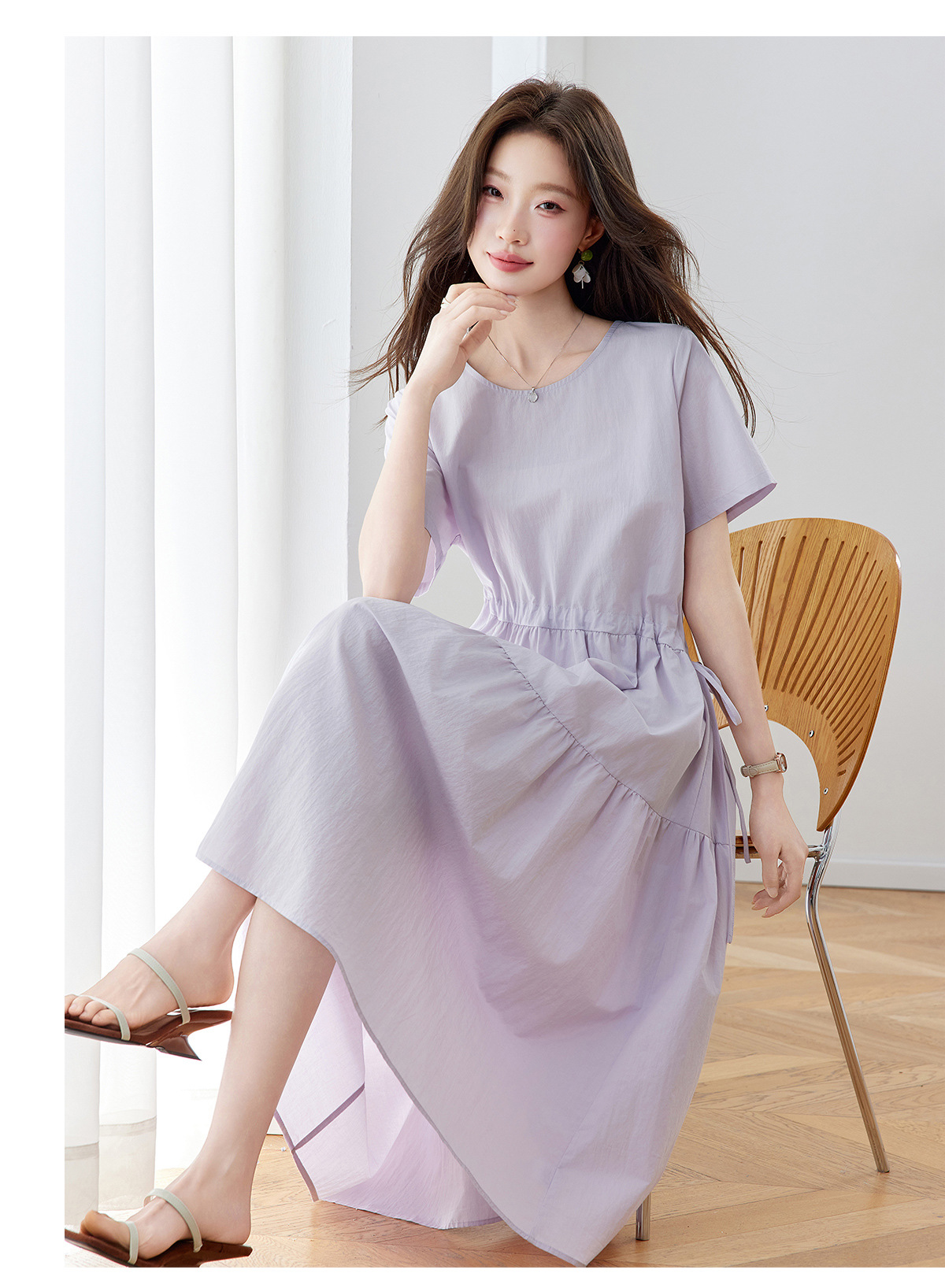 Đầm maxi nữ thắt eo dáng suông rút dây A-line tay ngắn JY2619 — màu tím nhạt, Vàng nhạt chi tiết 15
