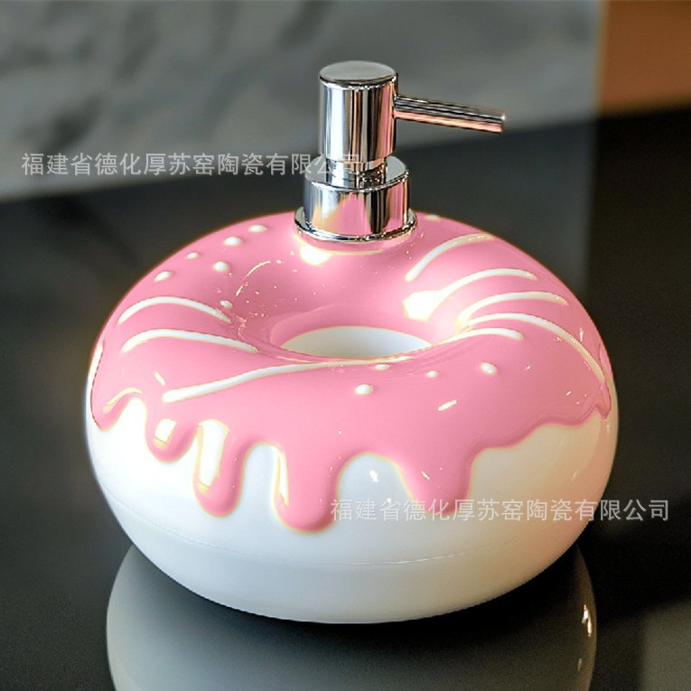 Foreign Trade Custom Pink Flow Glaze Donut Lotion Bottle Ceramic Liquid Soap Pump Dispenser Lotion Bottle
