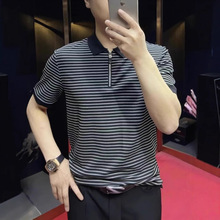 薄款夏季条纹短袖拉链Polo衫休闲潮流男士透气轻奢时尚百搭半袖