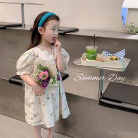 女童泡泡袖连衣裙2025夏季新款韩国童装儿童小兔印花棉童裙
