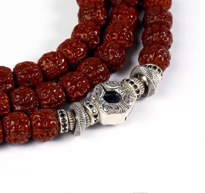 Xizang-Style Vintage Silver Red-Green Gemstone Inlaid Dark Night Universal Shaft Spacer Beads DIY Jewelry Bracelet Necklace Accessories