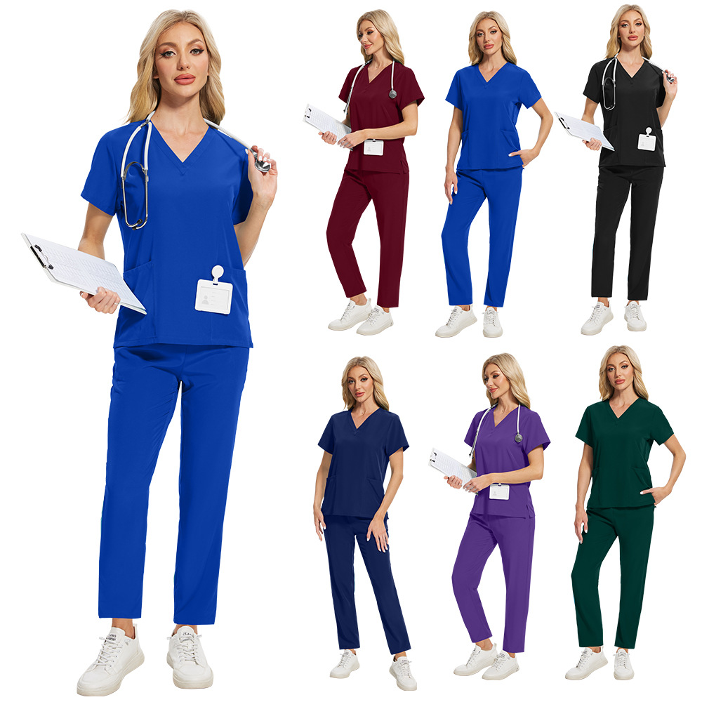 Uniforme médico de manga corta para mujer, uniforme de trabajo elástico para dentista, uniforme de salón de belleza, conjunto de dos piezas para enfermera de clínica