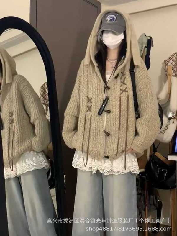 新品温柔卡其色兔耳朵连帽毛衣外套女秋冬季慵懒风宽松显瘦针织衫|undefined